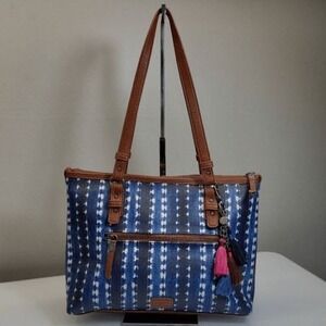 The Sak Tote Bag Medium Blue Ikat Stripe Vegan Leather Boho Western Tassel Studs